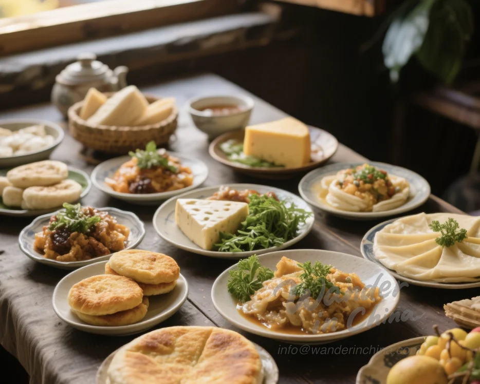 Assortment of Dali food specialties on a table.
