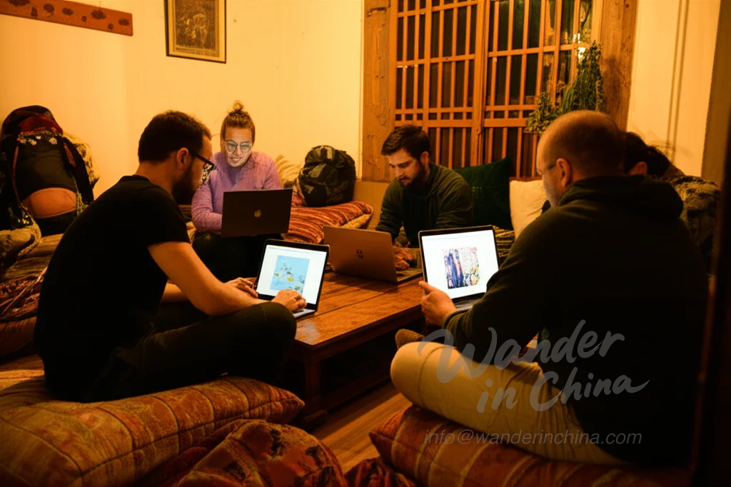 Mochileros socializando en una sala común de un hostal de Lijiang.