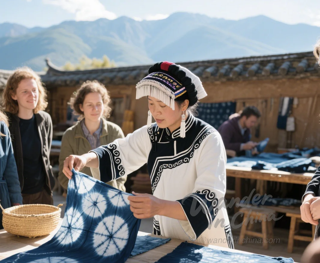 Bai artisan teaching tie-dye in Dali, Yunnan.