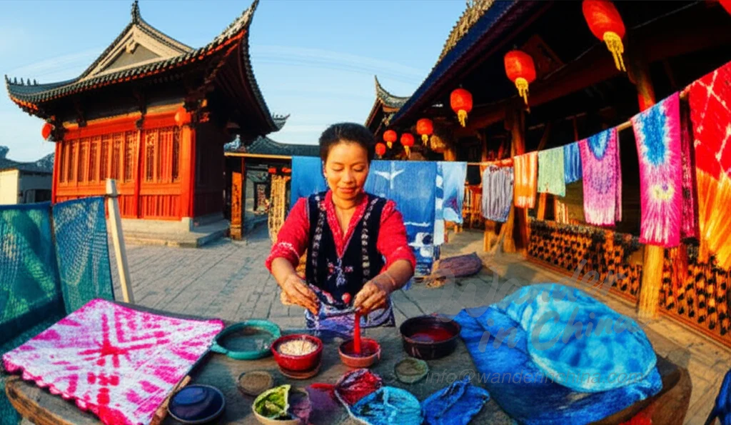 Bai woman demonstrating Dali tie-dye in Yunnan, China.