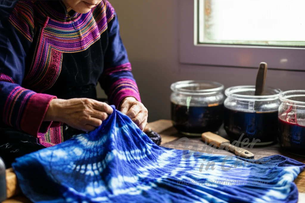 Bai woman demonstrating tie-dye in Dali.