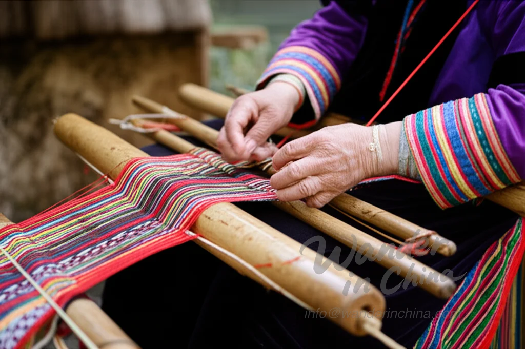 Bai Woman Weaving Traditional Tapestry in Dali.