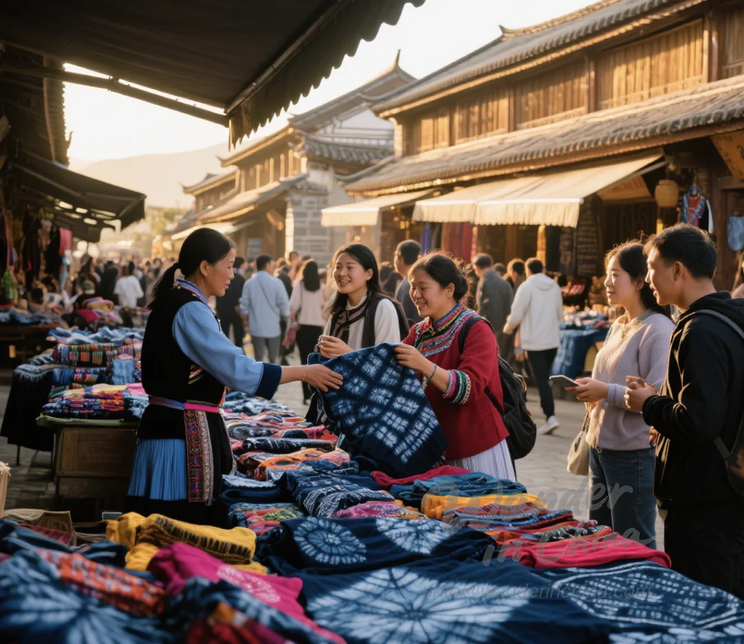 Bustling market in Dali, Yunnan selling Chinese tie-dye.