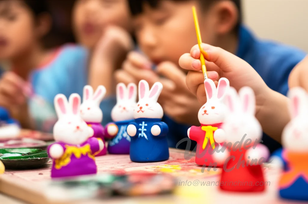 Children decorating clay rabbits for Mid-Autumn Festival in Guangdong.