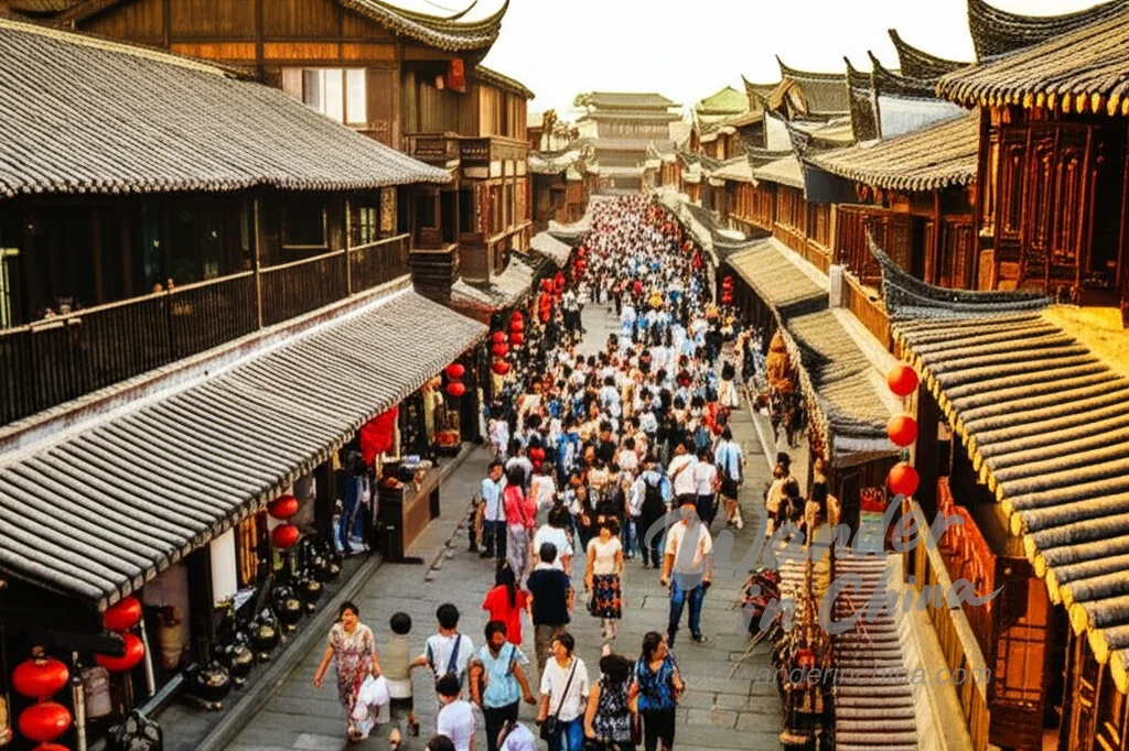 ฉากถนนที่คึกคักของเมืองโบราณฉีโข่ว.