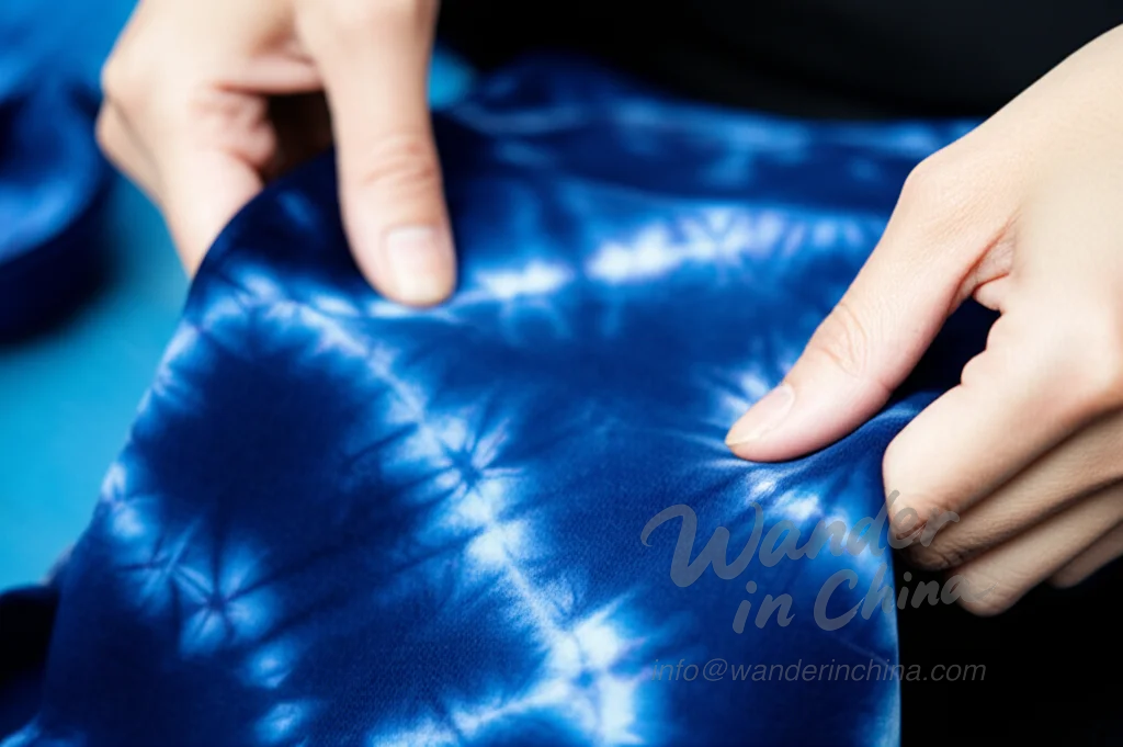 Close up of authentic indigo Chinese tie-dye fabric.