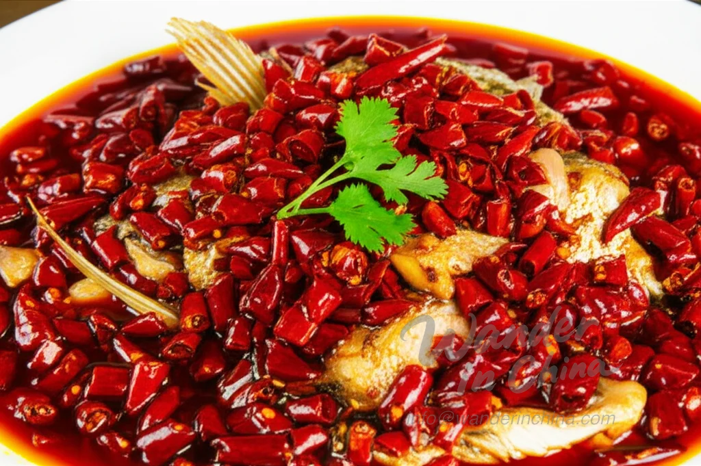 Nahaufnahme von Chili-Fischkopf, einem berühmten scharfen Hunan-Gericht.