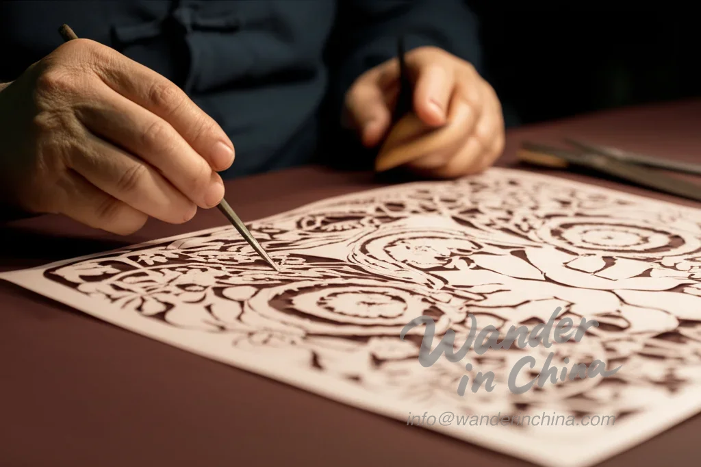 Artesano creando un recorte de papel en Nanluoguxiang.