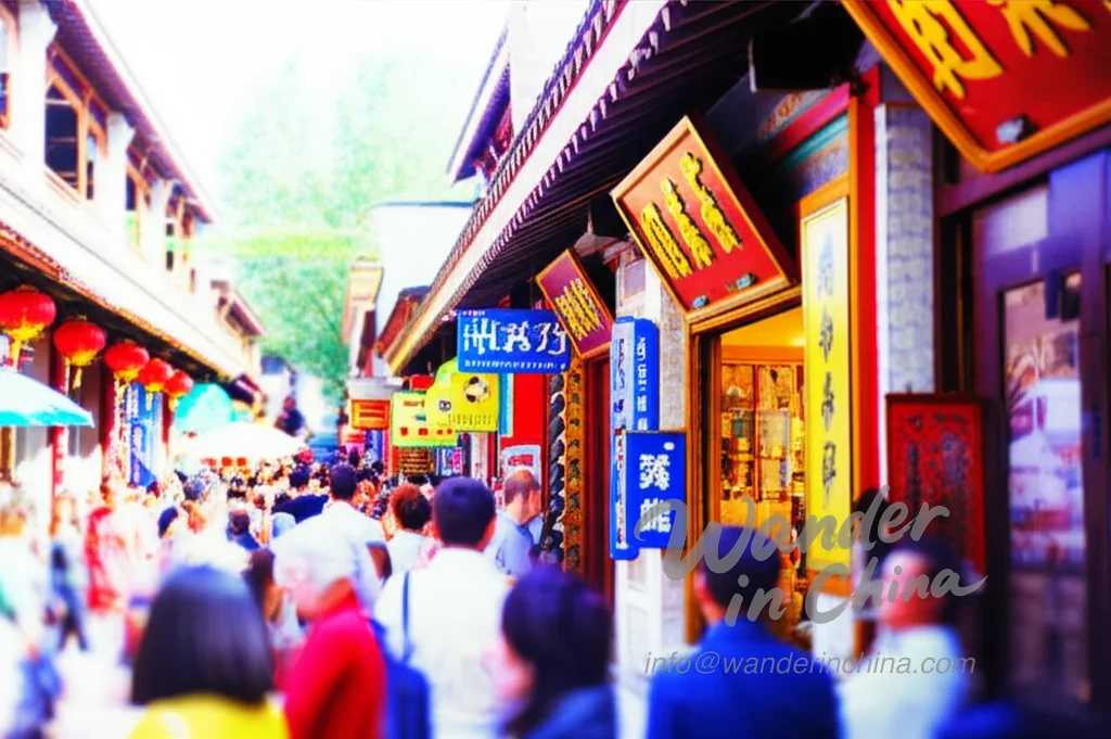 Escena callejera abarrotada en el Hutong Nanluoguxiang, Pekín.