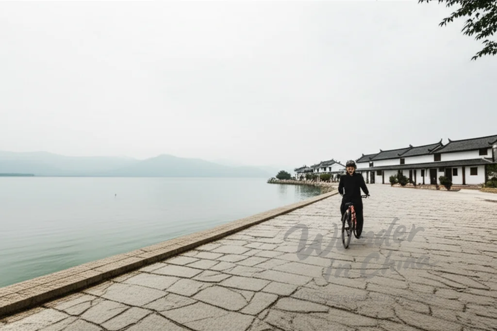 Cycliste roulant le long du lac Erhai près du village de Xizhou, Dali.