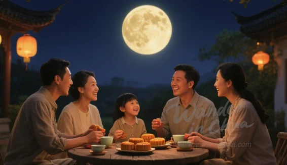 Family celebrating Mid-Autumn Festival in China under full moon.