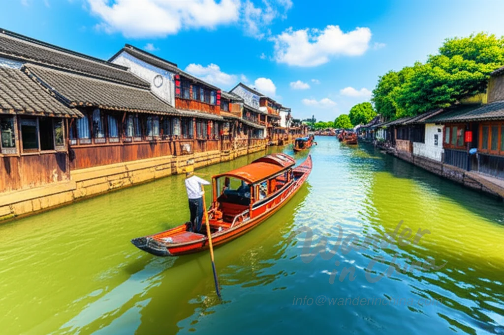 Gondola on canal in Zhouzhuang Water Town.