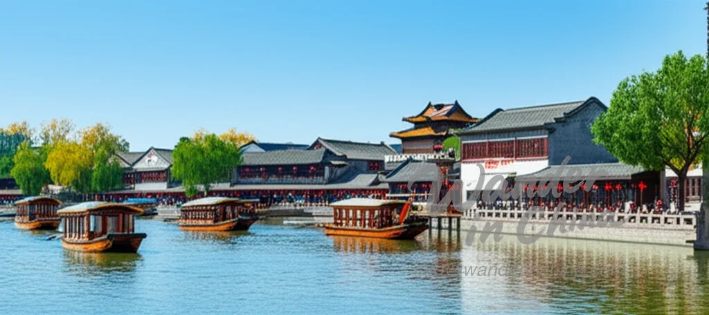 Houhai Lake in Shichahai, Beijing with boats and hutongs.