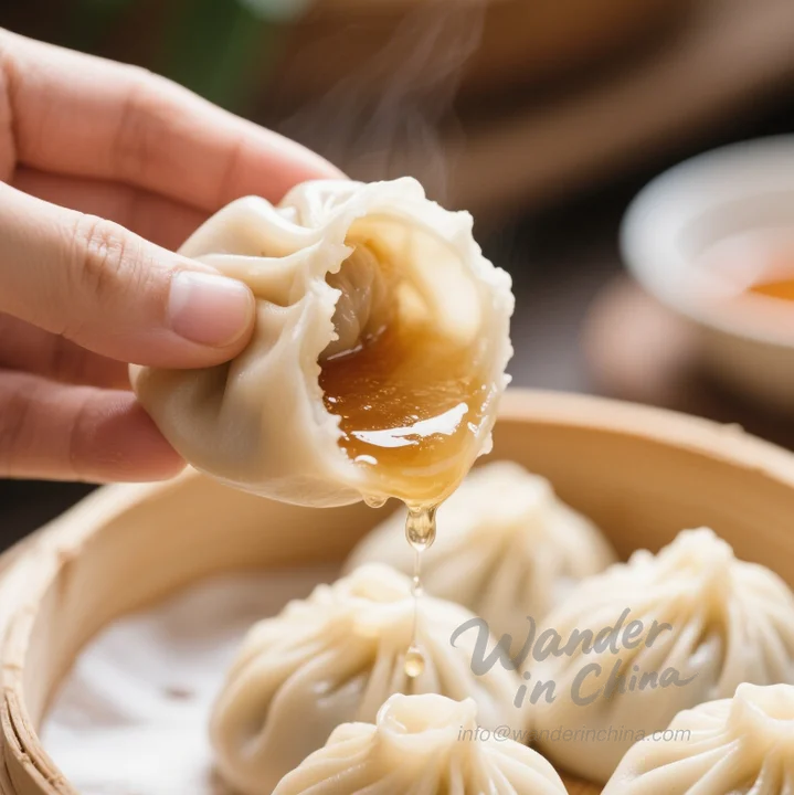 Close up of a xiaolongbao showing the soup inside