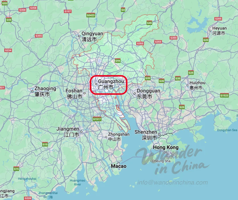 광저우가 있는 주강 삼각주 지도.