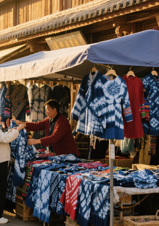 Marketplace in Dali, Yunnan, selling tie-dye fabrics.