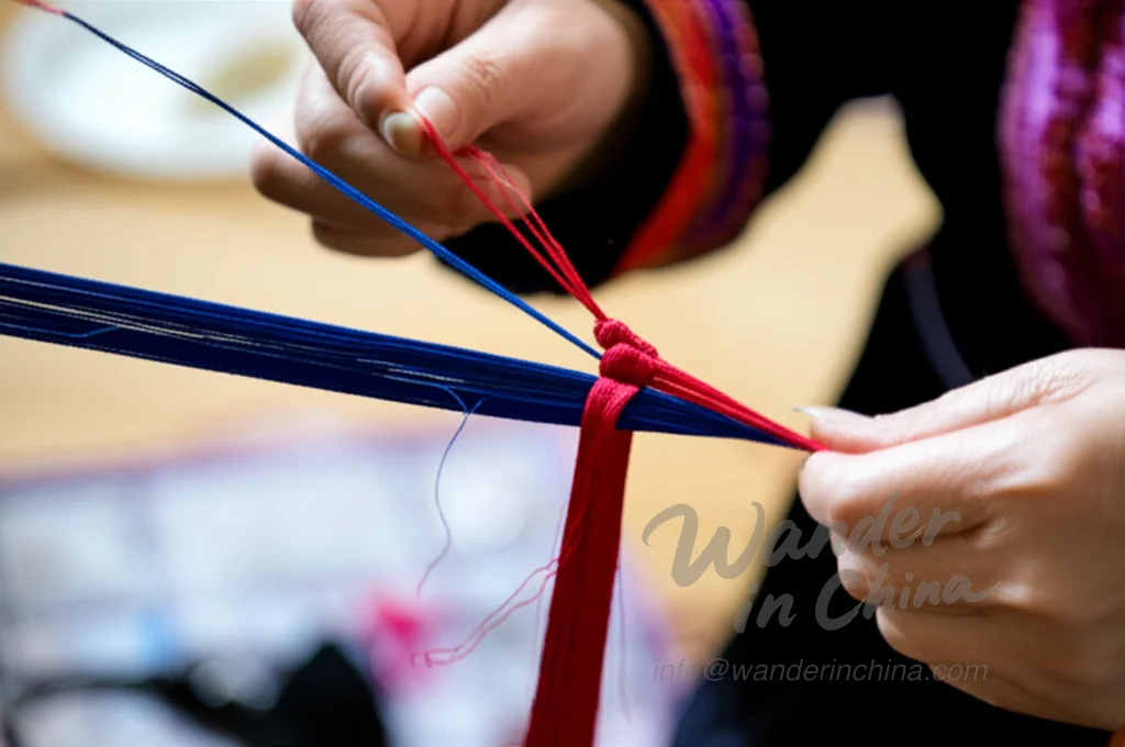 Miao woman tying fabric for tie-dye.