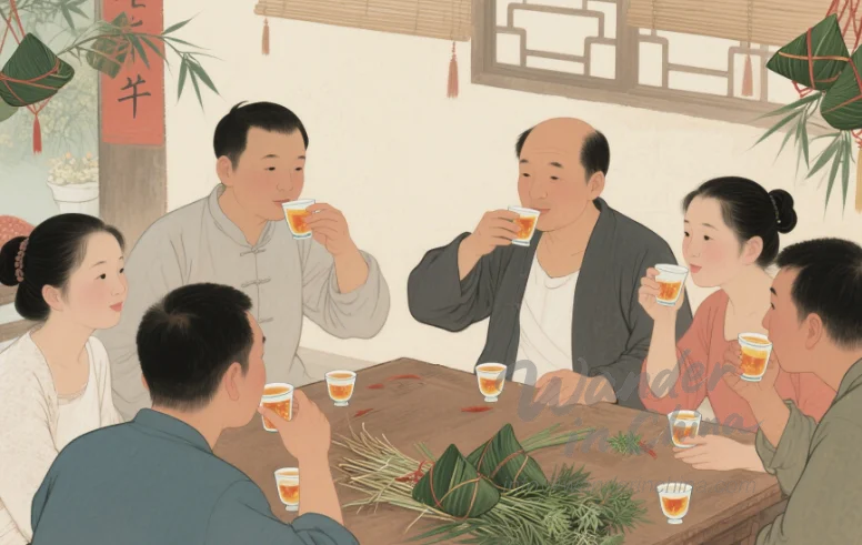 사람들은 단오절에 웅황주를 마셔 악령을 쫓고, 뱀과 곤충을 쫓아내고, 질병을 예방합니다.
