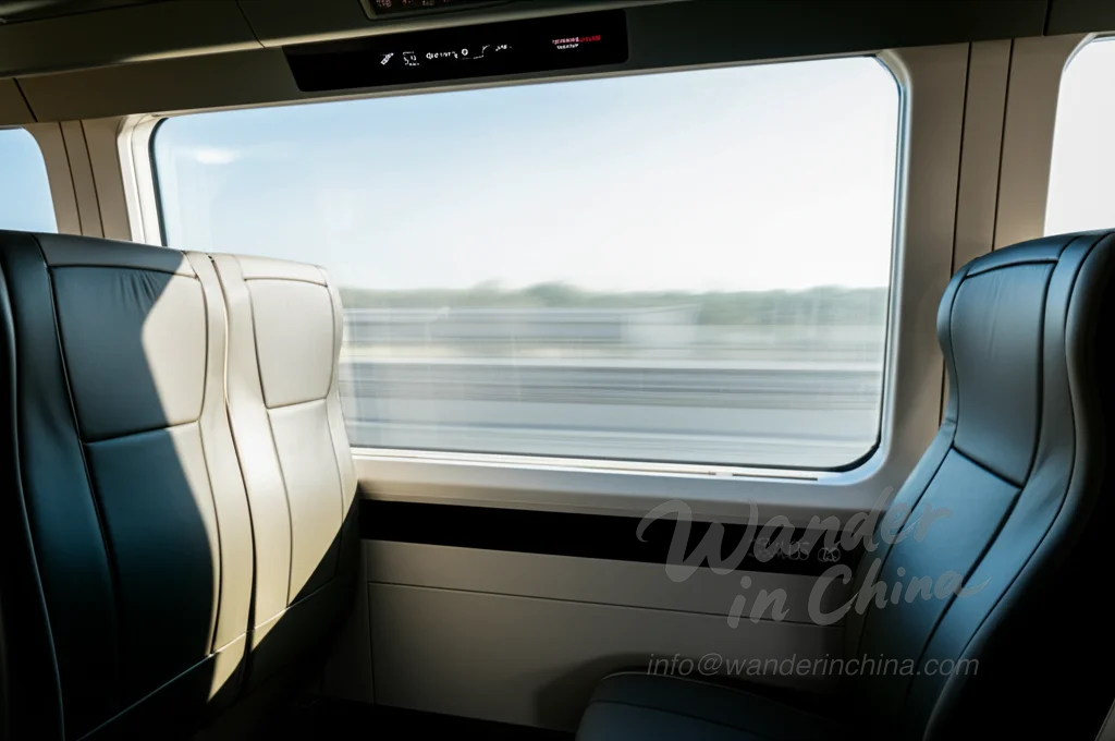 ภาพภายในรถไฟแมกเลฟเซี่ยงไฮ้แสดงให้เห็นถึงความเร็วและความสะดวกสบาย.