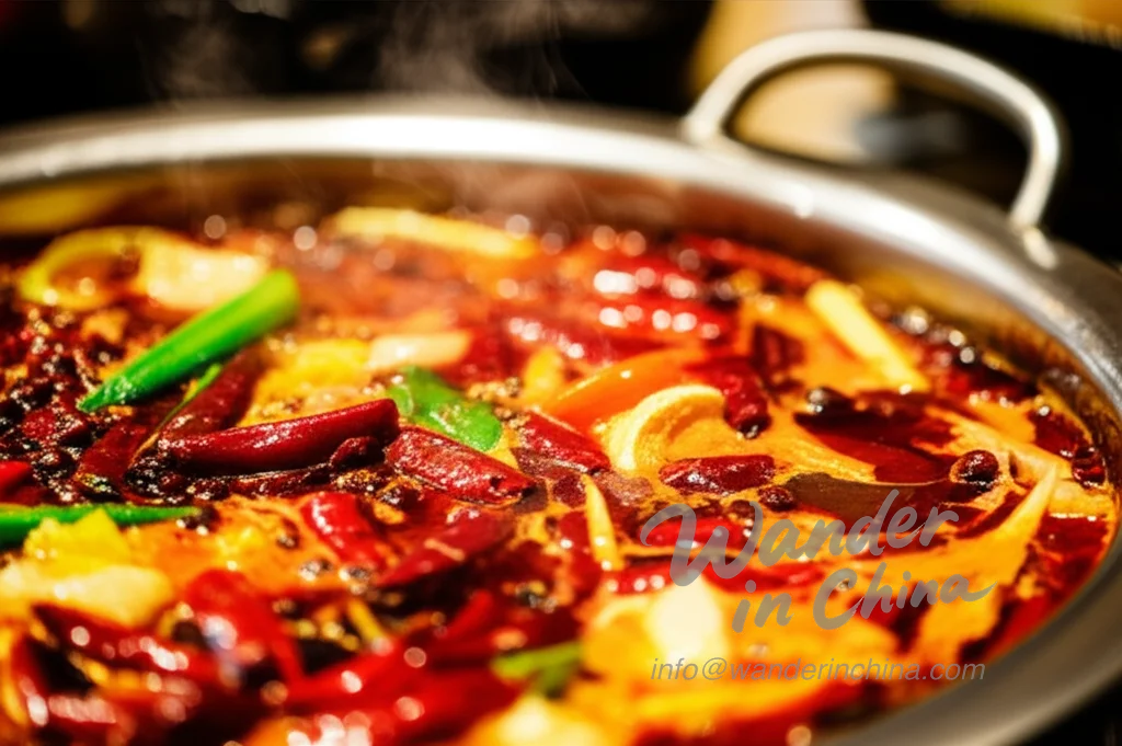 หม้อไฟฉงชิ่งกำลังเดือดกับน้ำซุปสีแดงเผ็ดร้อน.