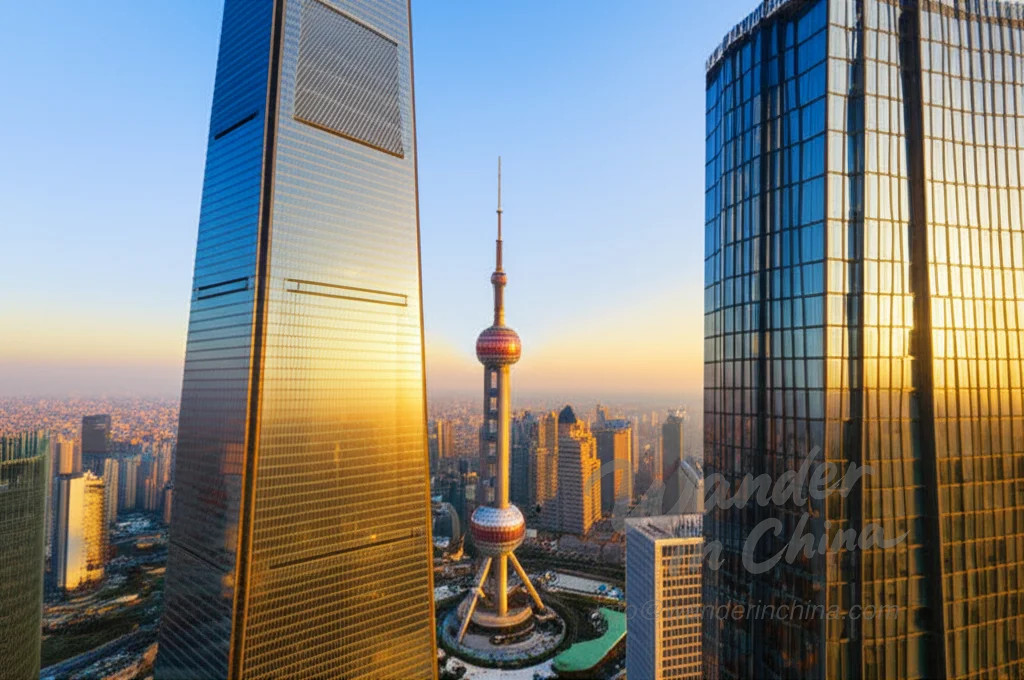 Vue du coucher du soleil depuis le skywalk du SWFC vers la Jin Mao et la Shanghai Tower.