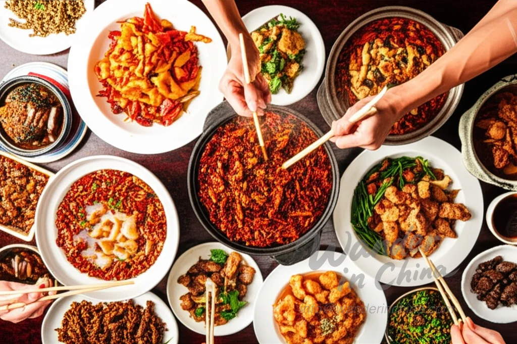 Tisch gefüllt mit verschiedenen scharfen Hunan-Gerichten in Changsha.