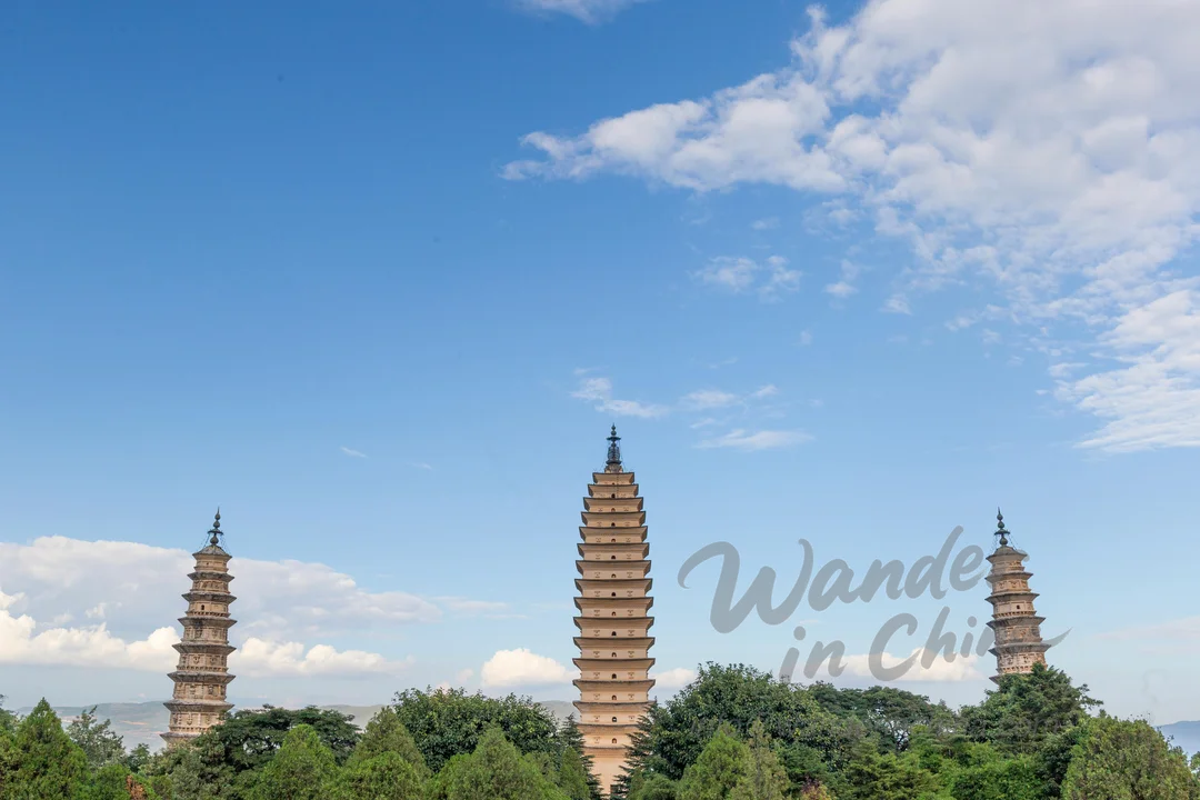 The Three Pagodas of Dali with Cangshan Mountains in the background.
