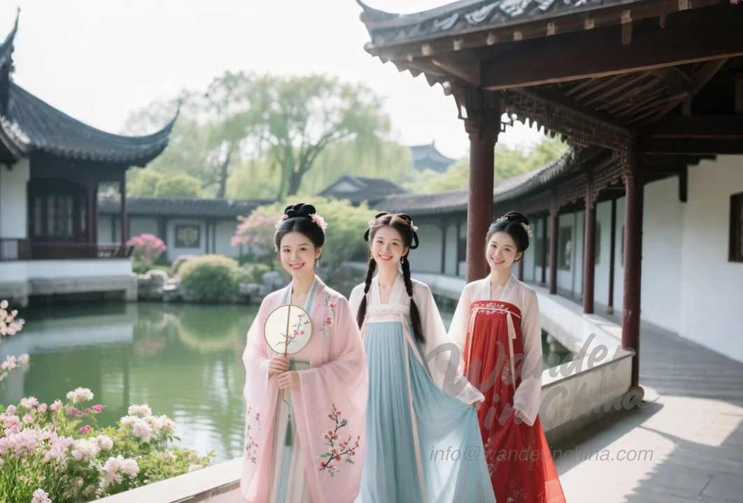 Trois femmes portant différents styles de Hanfu.