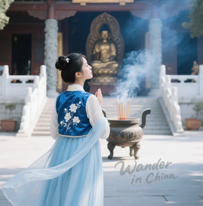 Touriste portant respectueusement un Hanfu dans un temple chinois.