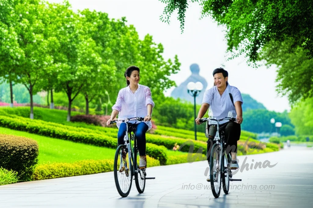Touristen fahren mit dem Fahrrad auf der Orangeninsel, Changsha.