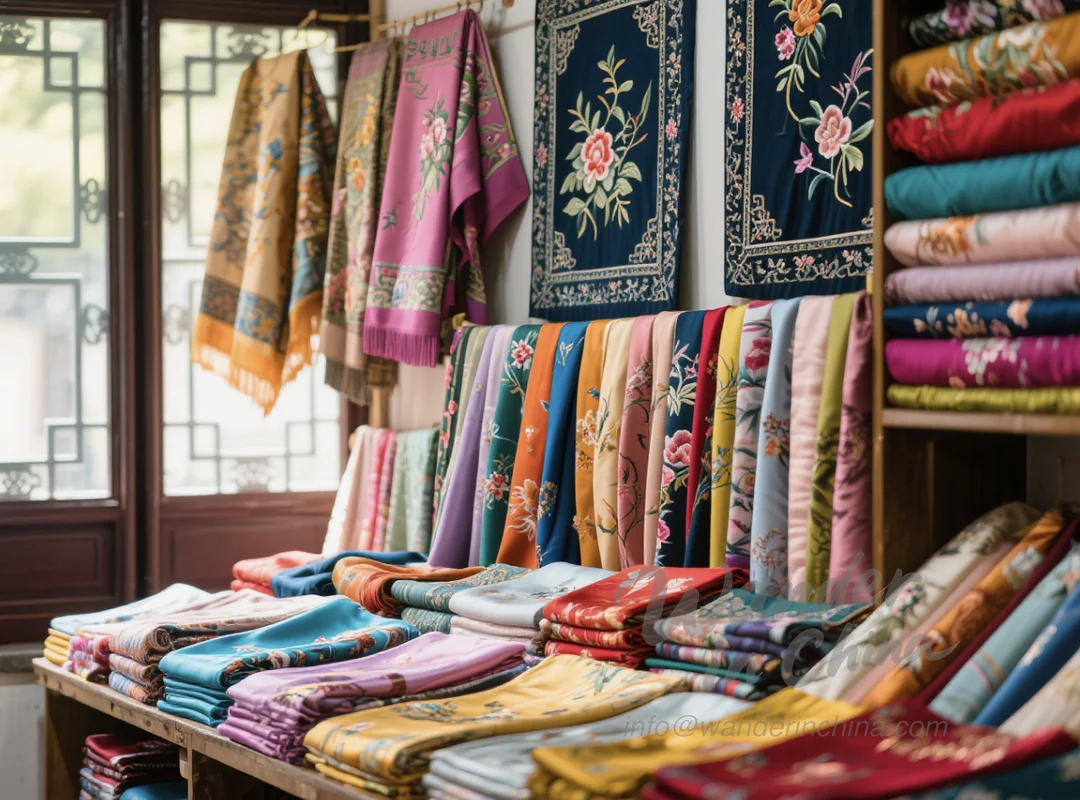 Variedad de productos de seda a la venta en Suzhou.