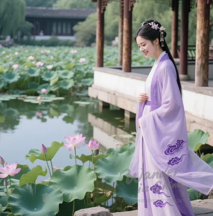 中国の庭園で漢服を着ている女性