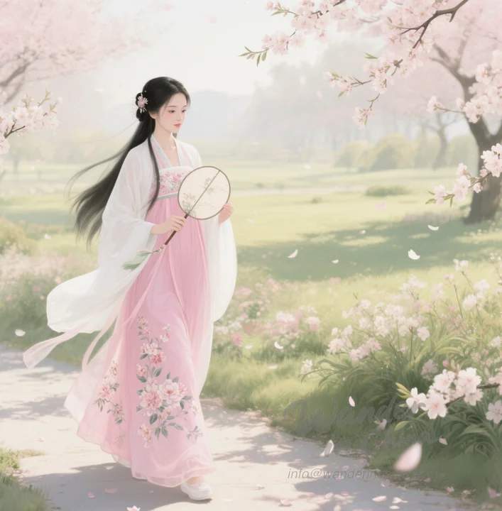 一位女子在花园里穿着粉色齐胸襦裙汉服。