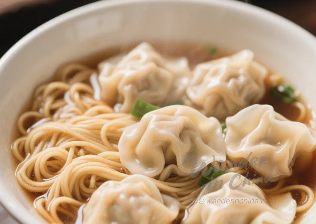 広州の美味しい広東風ワンタン麺のクローズアップ。