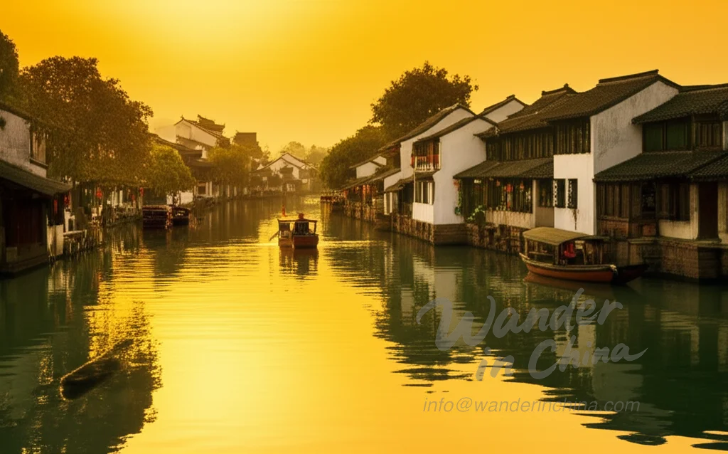 Zhouzhuang Wasserstadt Kanäle bei Sonnenuntergang.